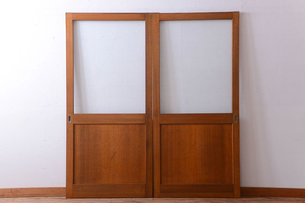 昭和レトロ　気泡ガラス入り!古い木製引き戸2枚セット