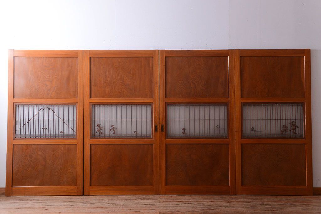 和製アンティーク　総欅材!組子ガラス帯戸4枚セット