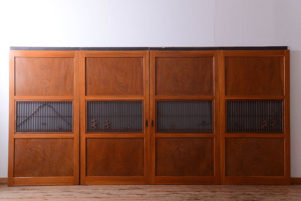 和製アンティーク　総欅材!組子ガラス帯戸4枚セット