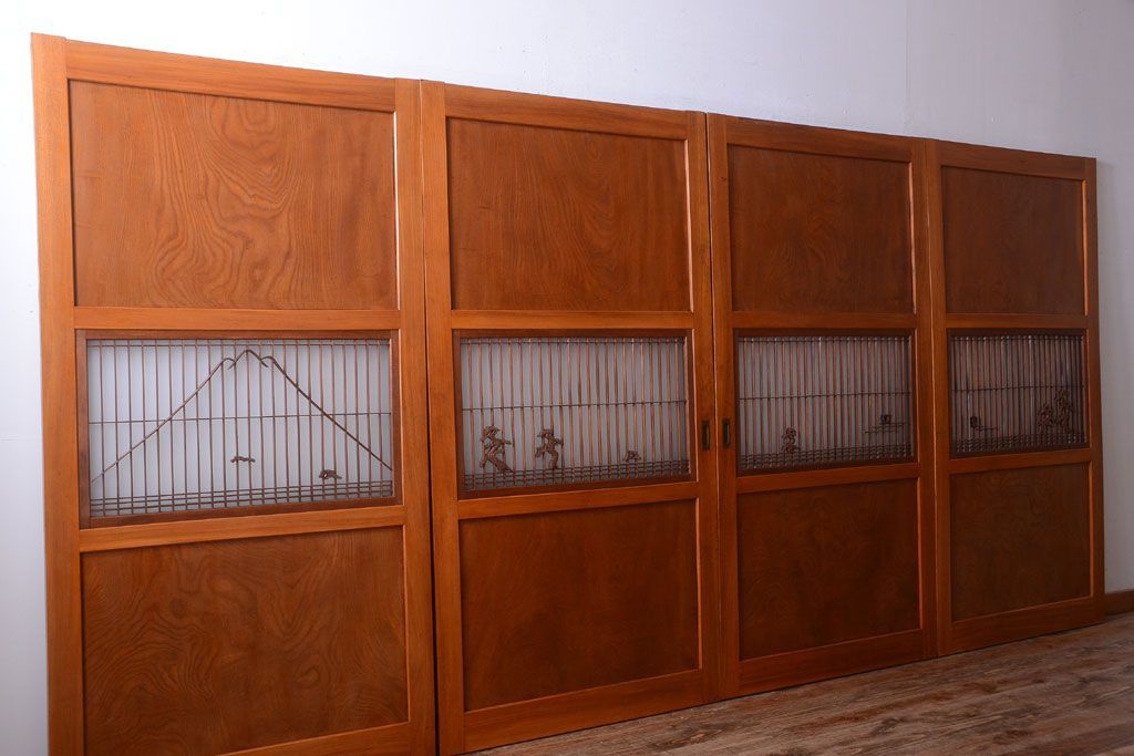和製アンティーク　総欅材!組子ガラス帯戸4枚セット