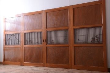 和製アンティーク　総欅材!組子ガラス帯戸4枚セット