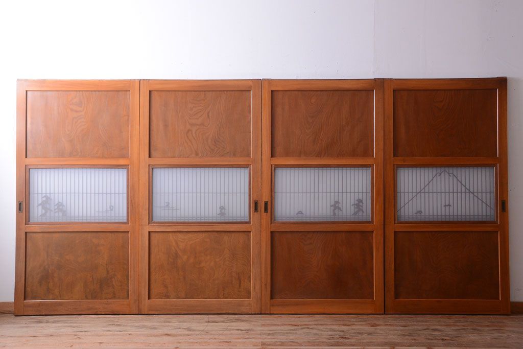 和製アンティーク　総欅材!組子ガラス帯戸4枚セット