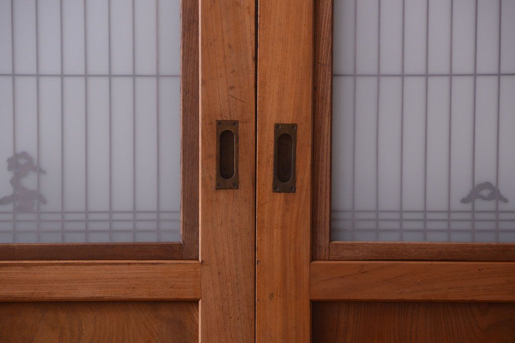 和製アンティーク　総欅材!組子ガラス帯戸4枚セット
