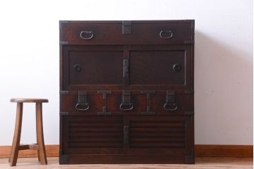 アンティーク家具　古民具・骨董　明治期　上手物!前面欅玉杢材のアンティーク帳場箪笥