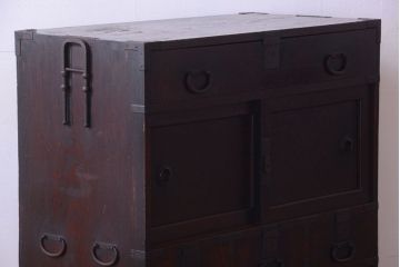 アンティーク家具　古民具・骨董　明治期　上手物!前面欅玉杢材のアンティーク帳場箪笥