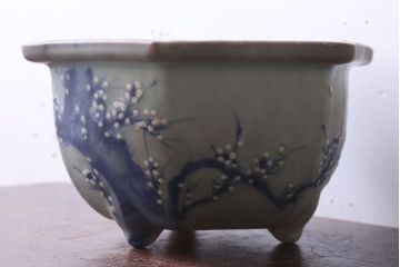 アンティーク雑貨　古民具・骨董　梅の図　青磁植木鉢　六角型(1)