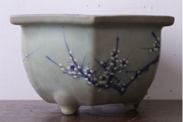 アンティーク雑貨　古民具・骨董　梅の図　青磁植木鉢　六角型(1)