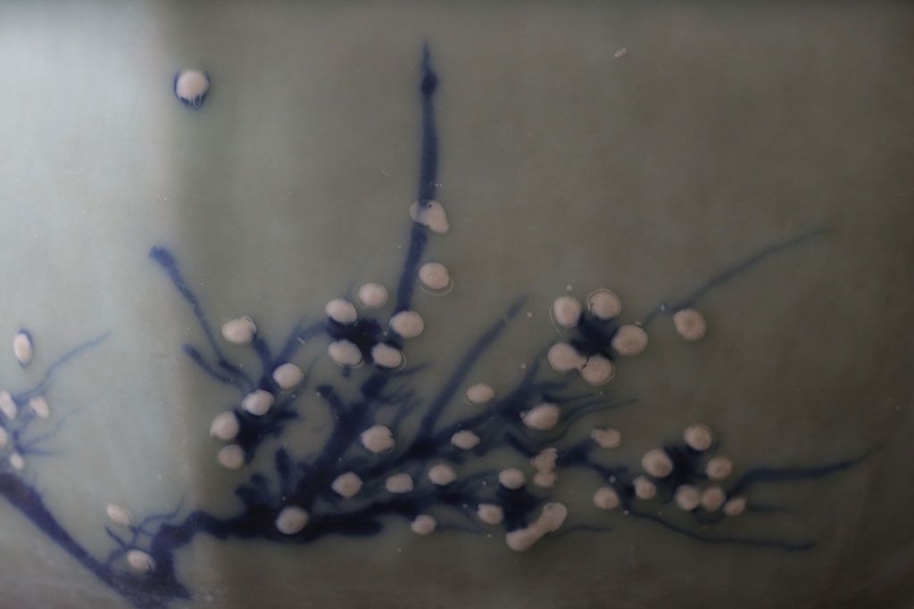 アンティーク雑貨　古民具・骨董　梅の図　青磁植木鉢　六角型(1)