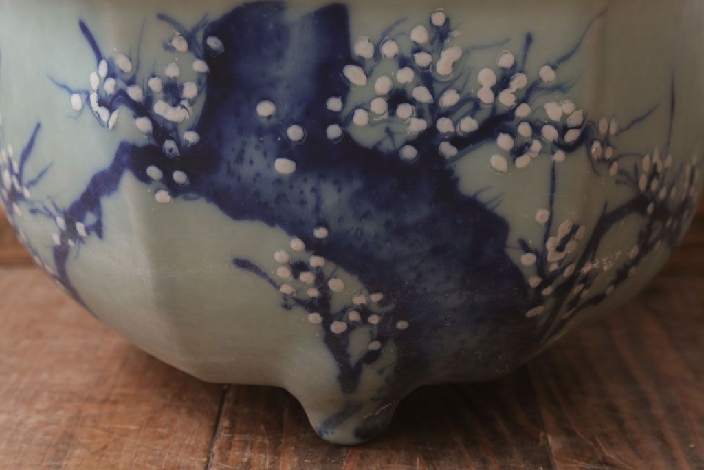 アンティーク雑貨　古民具・骨董　梅の図　青磁植木鉢　六角型(2)