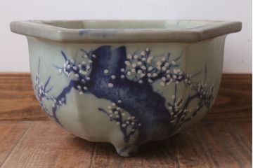 アンティーク雑貨　古民具・骨董　梅の図　青磁植木鉢　六角型(2)