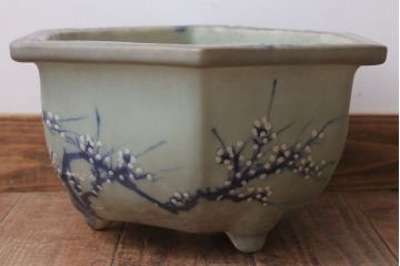 アンティーク雑貨　古民具・骨董　梅の図　青磁植木鉢　六角型(2)