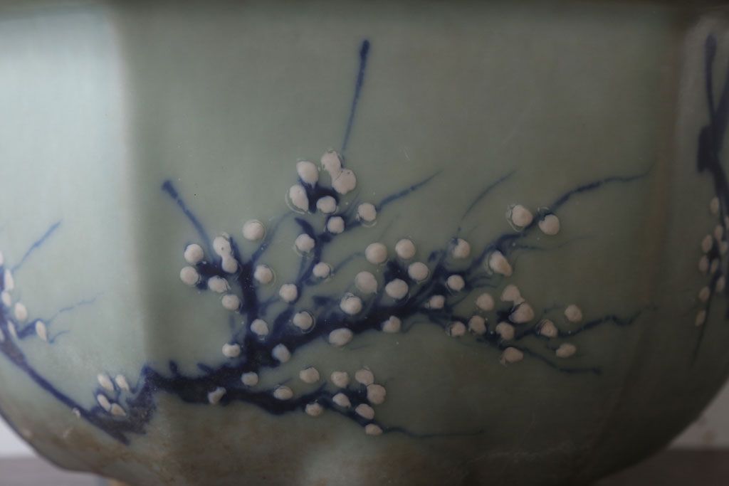 アンティーク雑貨　古民具・骨董　梅の図　青磁植木鉢　六角型(2)