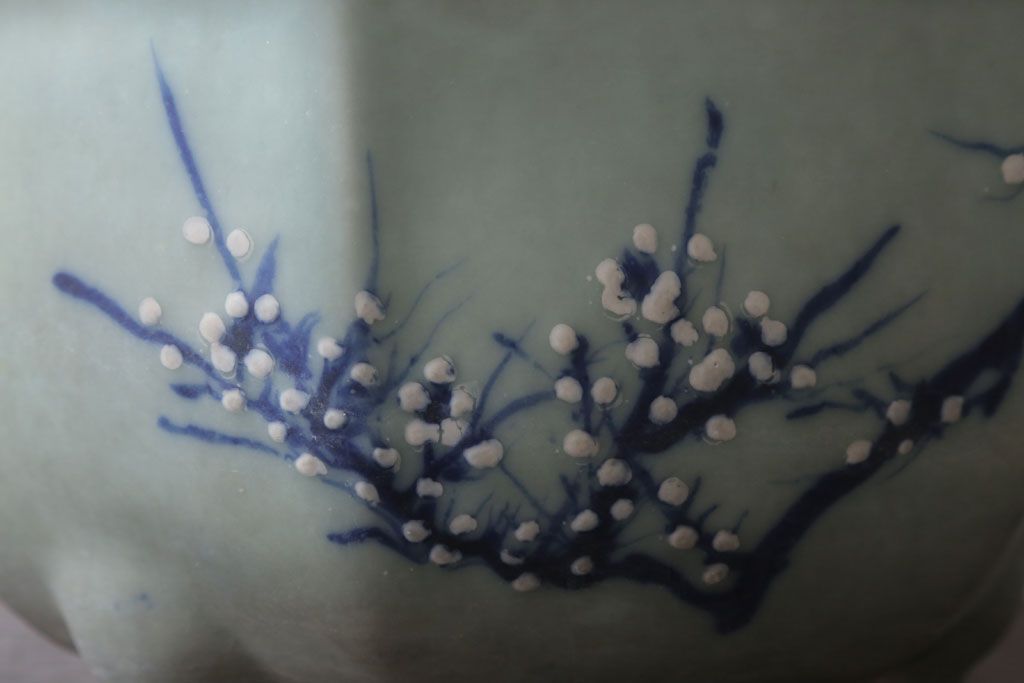 アンティーク雑貨　古民具・骨董　梅の図　青磁植木鉢　六角型(2)