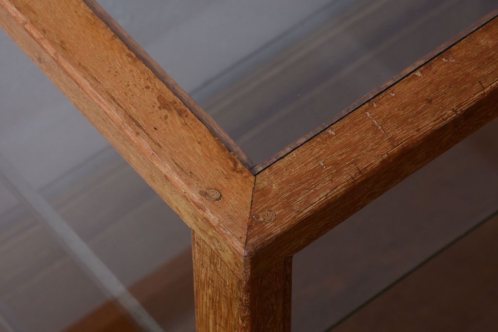 レトロ家具　昭和レトロ　古い木製のシンプルなアンティークガラスケース(ショーケース)(3)