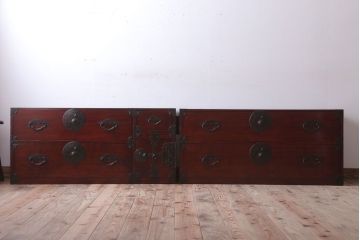 アンティーク家具　古民具・骨董　明治〜大正期　前面栗材!二段重ねのアンティーク米沢箪笥(2)