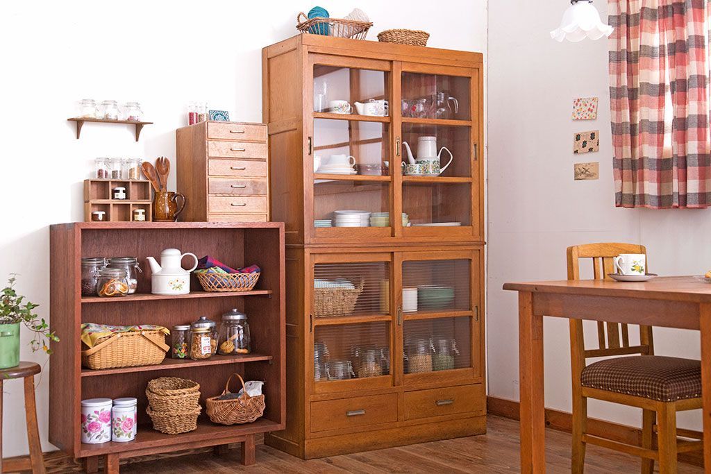 アンティーク家具　和製アンティーク　モールガラス入り!古い重ね収納棚