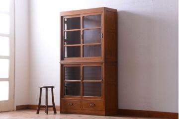 アンティーク家具　和製アンティーク　モールガラス入り!古い重ね収納棚