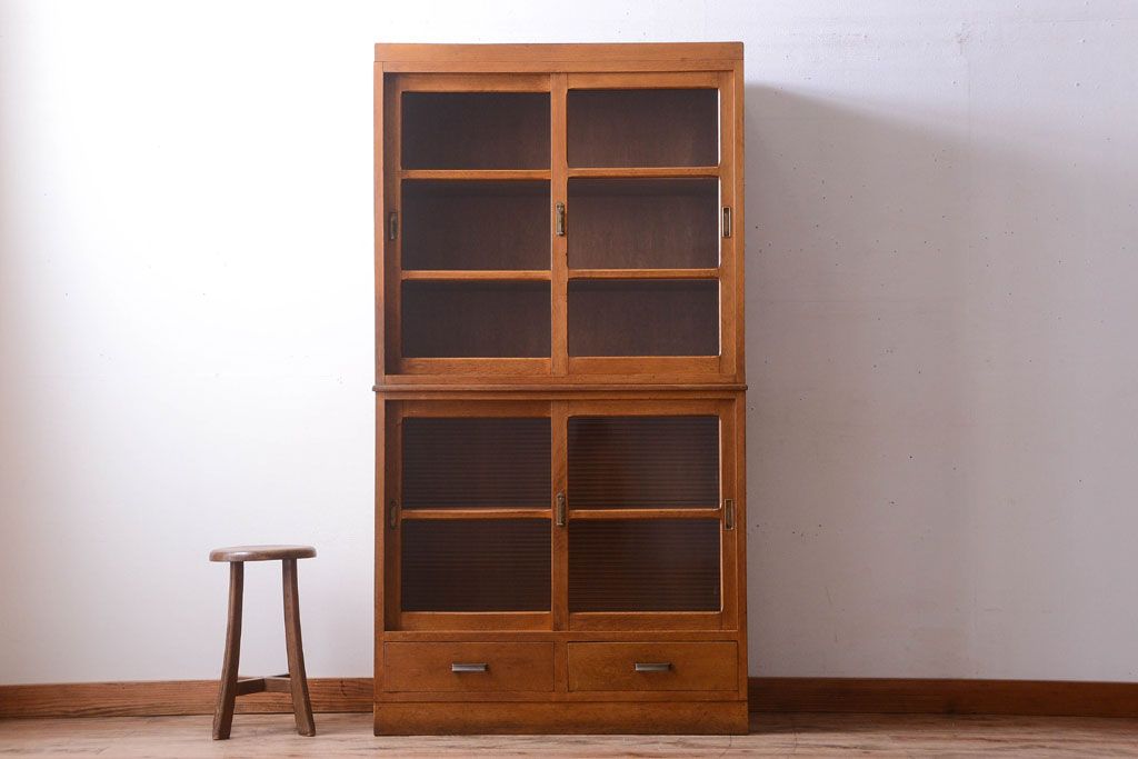 アンティーク家具　和製アンティーク　モールガラス入り!古い重ね収納棚