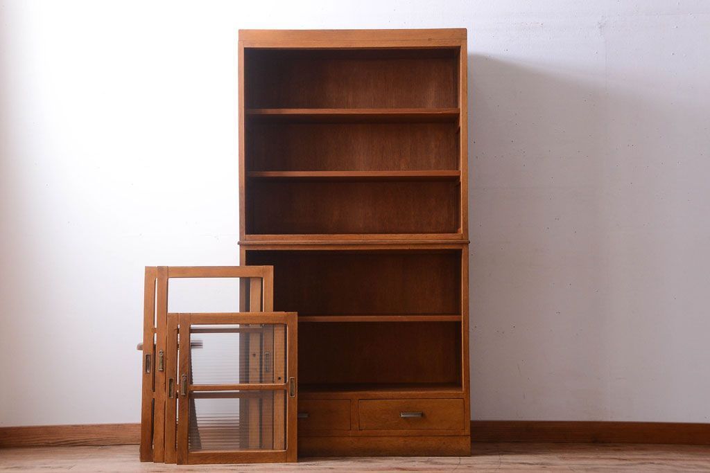 アンティーク家具　和製アンティーク　モールガラス入り!古い重ね収納棚