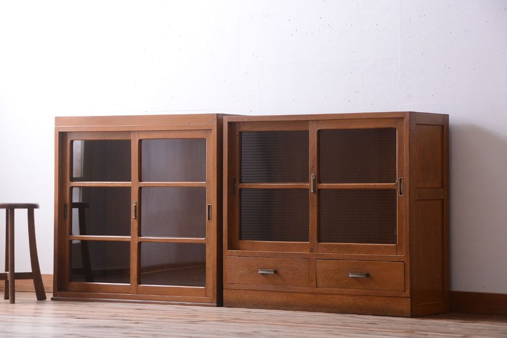 アンティーク家具　和製アンティーク　モールガラス入り!古い重ね収納棚