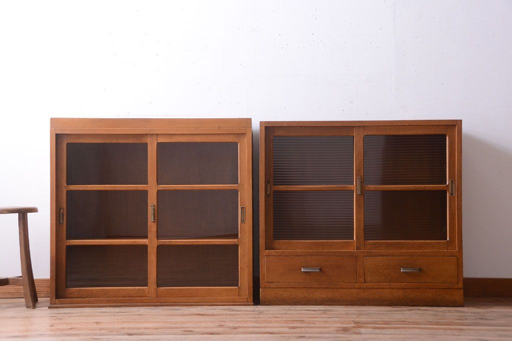 アンティーク家具　和製アンティーク　モールガラス入り!古い重ね収納棚