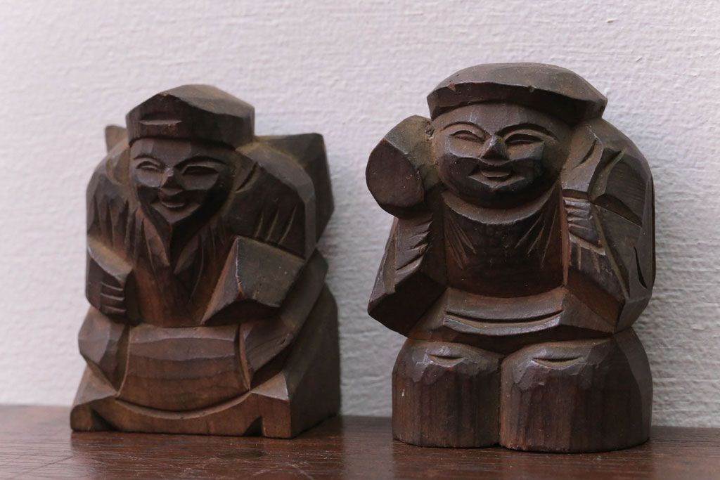 アンティーク雑貨　古民具・骨董　明治〜大正 木彫りの大黒様と恵比寿様の置き物(1)