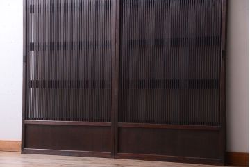 和製アンティーク　裏ガラス入り!古い木の格子戸2枚セット