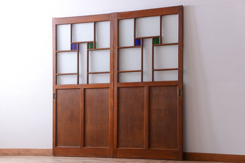 大正ロマン　当時物色ガラス入り!アンティーク引き戸2枚セット