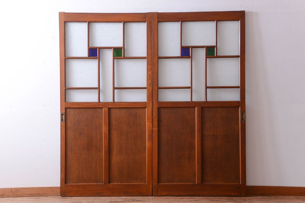 大正ロマン　当時物色ガラス入り!アンティーク引き戸2枚セット