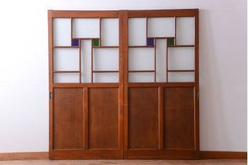 大正ロマン　当時物色ガラス入り!アンティーク引き戸2枚セット