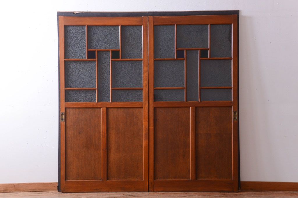 大正ロマン　当時物色ガラス入り!アンティーク引き戸2枚セット