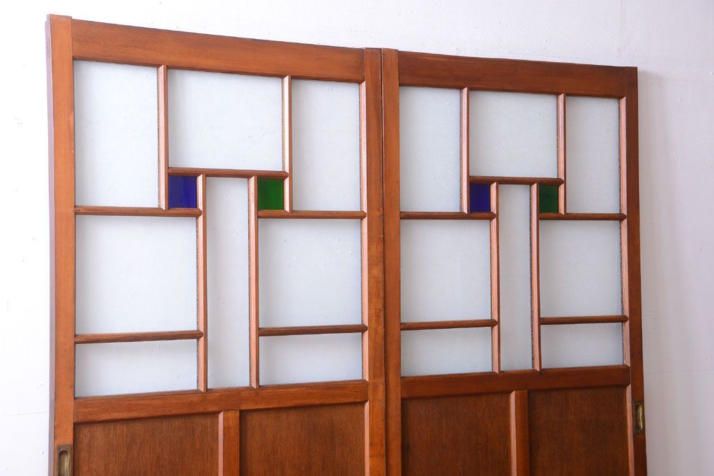 大正ロマン　当時物色ガラス入り!アンティーク引き戸2枚セット