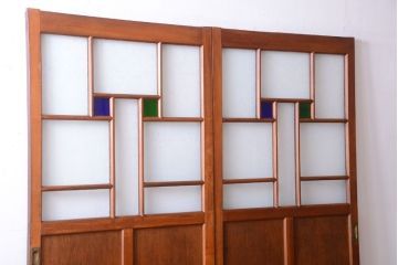 大正ロマン　当時物色ガラス入り!アンティーク引き戸2枚セット