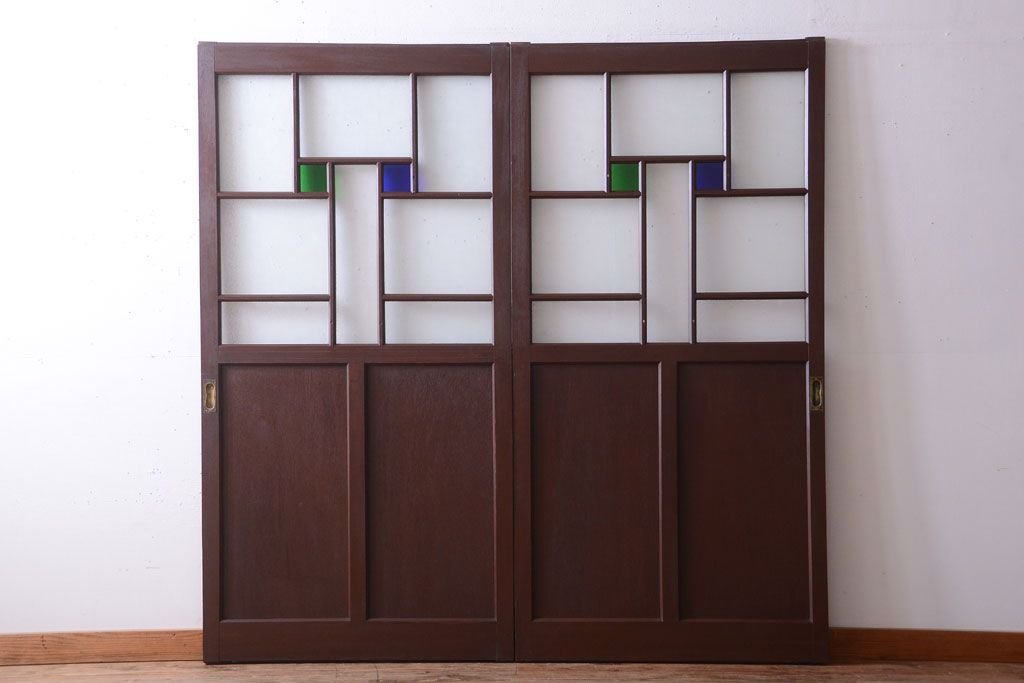 大正ロマン　当時物色ガラス入り!アンティーク引き戸2枚セット