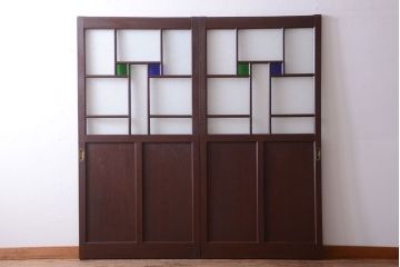 大正ロマン　当時物色ガラス入り!アンティーク引き戸2枚セット