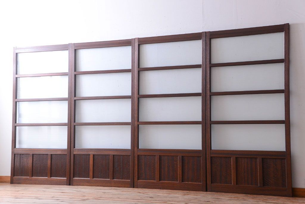 和製アンティーク　古い木のモールガラス戸4枚セット