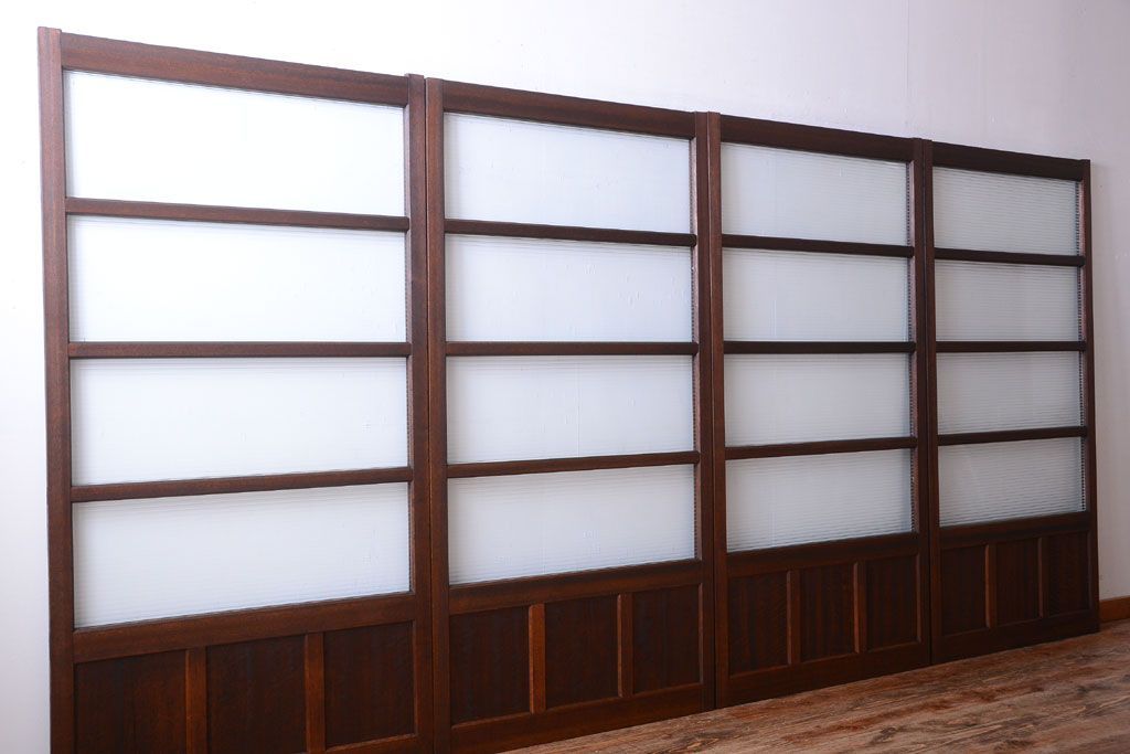 和製アンティーク　古い木のモールガラス戸4枚セット