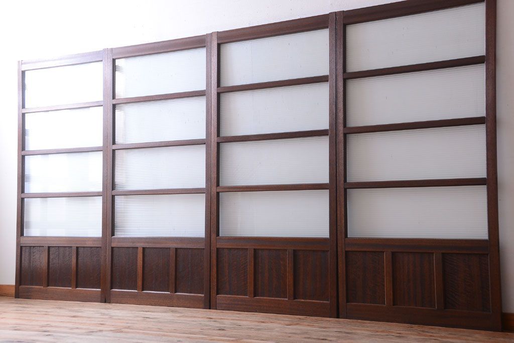 和製アンティーク　古い木のモールガラス戸4枚セット