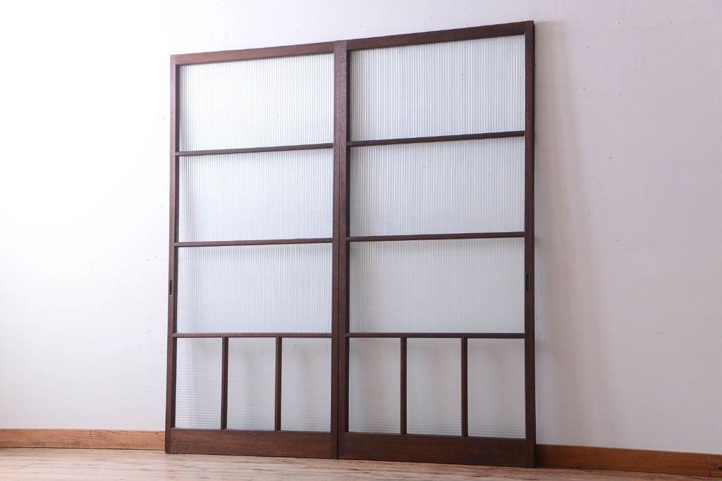 アンティーク　古い木製のモールガラス入り引き戸2枚セット