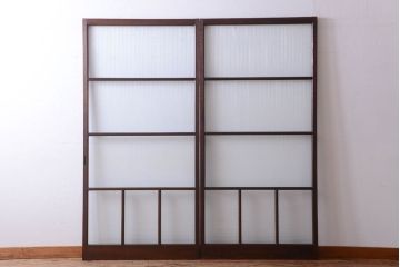 アンティーク　古い木製のモールガラス入り引き戸2枚セット