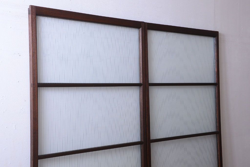 アンティーク　古い木製のモールガラス入り引き戸2枚セット