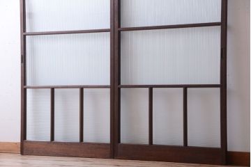 アンティーク　古い木製のモールガラス入り引き戸2枚セット