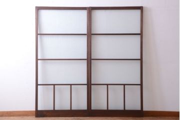 アンティーク　古い木製のモールガラス入り引き戸2枚セット