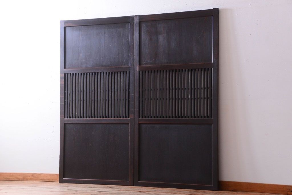 古民具・骨董　裏結霜ガラス入り!古い木の格子帯戸2枚セット