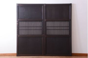 古民具・骨董　裏結霜ガラス入り!古い木の格子帯戸2枚セット
