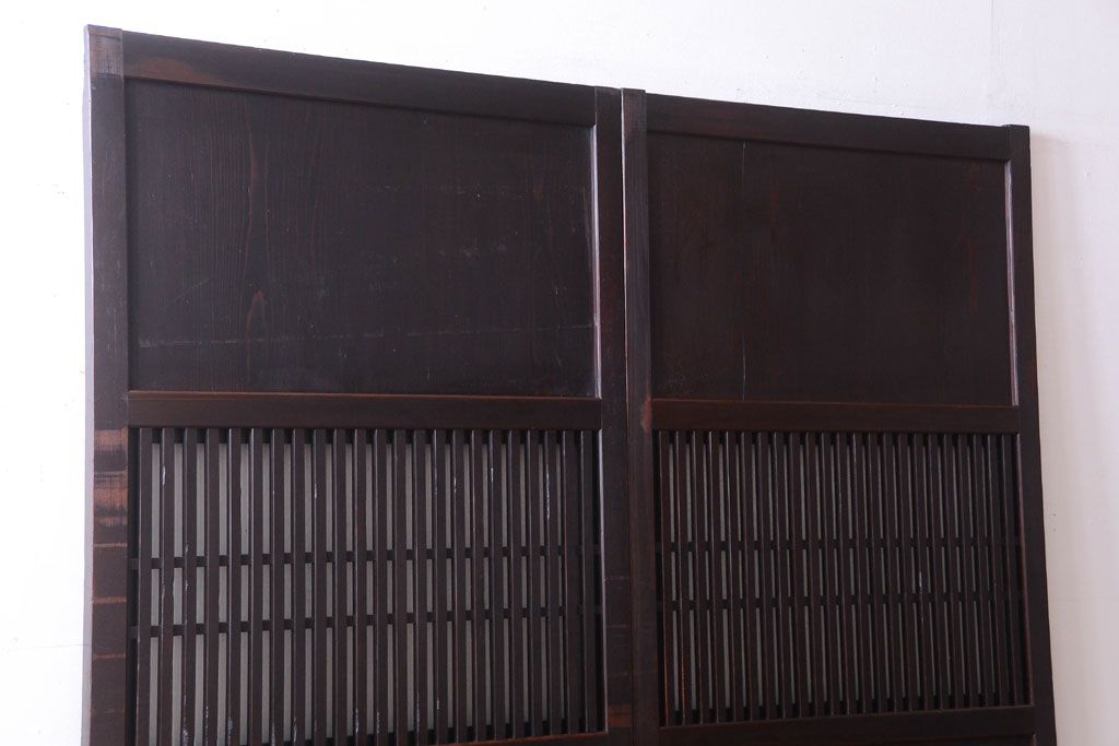 古民具・骨董　裏結霜ガラス入り!古い木の格子帯戸2枚セット