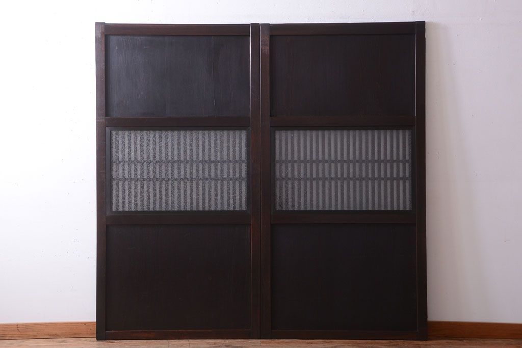 古民具・骨董　裏結霜ガラス入り!古い木の格子帯戸2枚セット