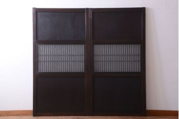 古民具・骨董　裏結霜ガラス入り!古い木の格子帯戸2枚セット