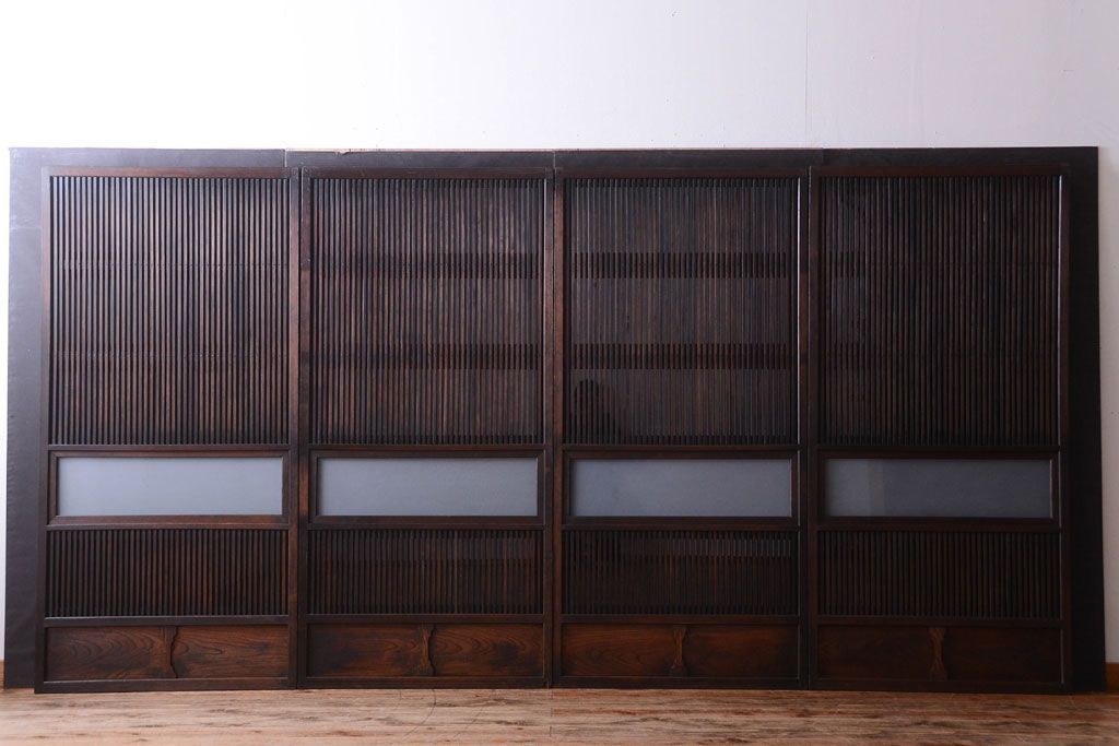 古民具・骨董　明治〜大正　腰板欅材!裏ガラス入りすりガラス帯格子戸4枚セット