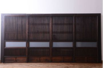 古民具・骨董　明治〜大正　腰板欅材!裏ガラス入りすりガラス帯格子戸4枚セット